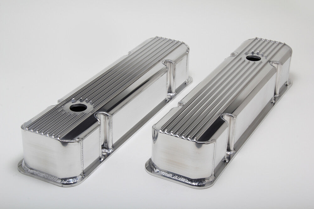 Hamburger's Performance Fab. Aluminum Valve Covers w/Fins, Holes; -CHROME/Aluminum 1129 fits 1959-1979 Pontiac 326-455