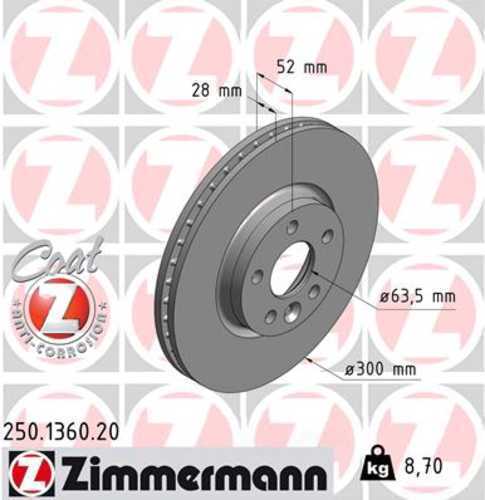 Zimmermann Coated Brake Disc 1360 fits 2012-2015 Land Rover Range Rover Evoque / 2011-2018 Volvo S60 / S80 / V60 / V70 / XC70