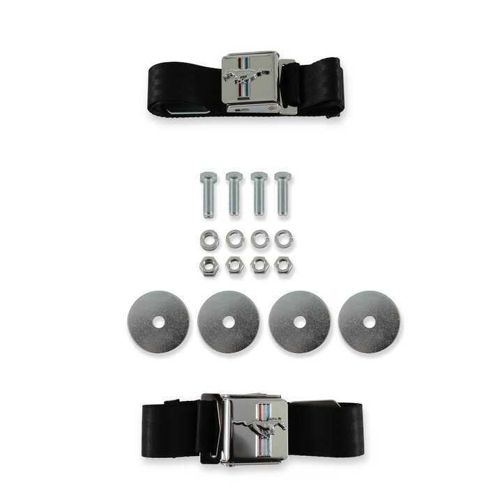 Scott Drake Seat Belt with Tri-Bar Running Horse Emblem Pair Black SB-BK-H fits 1964-1973 Ford Mustang