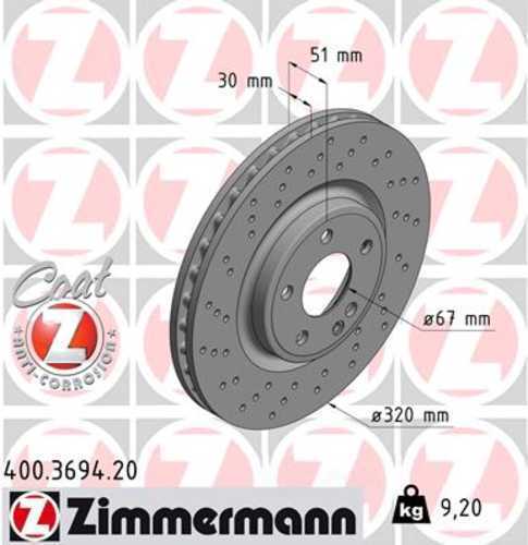 Zimmermann Coated Brake Disc 3694 fits 2014-2019 Mercedes-Benz CLA250 / 2015-2020 Mercedes-Benz GLA250