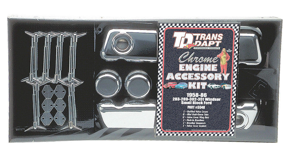 Trans-Dapt Performance Engine Dress-Up Kit; SHORT Valve Covers- CHROME 3048 fits 1962-1968 1975-1985 Ford Bronco / COUNTRY SEDAN / COUNTRY Squire / Custom / Custom 500 / E-100 Econoline / E-100 Econoline Club WAGON / E-150 Econoline