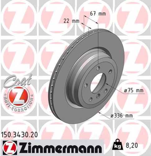 Zimmermann Coated Brake Disc 3430 fits 2006 BMW 330I / 330XI / 2009-2011 BMW 335D / 2007-2013 BMW 335I / 2009-2013 BMW 335I xDrive / 2011-2013 BMW 335IS / 2007-2008 BMW 335XI / 2013-2015 BMW X1