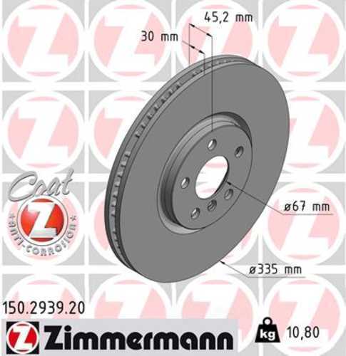 Zimmermann Coated Brake Disc 150.2939.20 fits 2023-2024 BMW X1 XDRIVE28I / 2015-2024 Mini Cooper John Cooper Works / 2017-2019 Mini Cooper Clubman John Cooper Works ALL4 / 2018-2019 Mini Cooper Countryman John Cooper Works ALL4