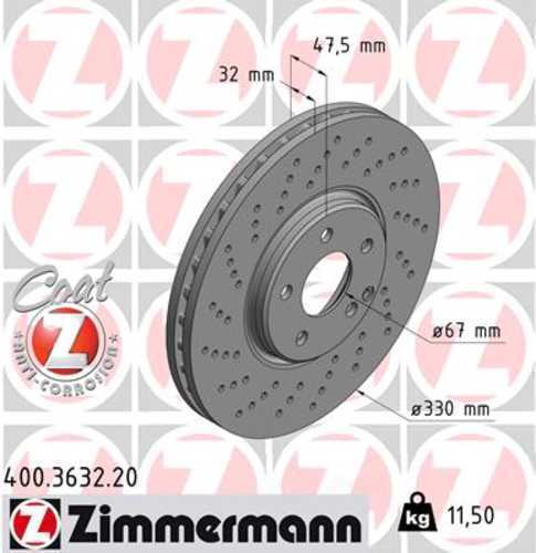 Zimmermann Coated Brake Disc 3632 fits 2006-2009 Mercedes-Benz E350 / 2007-2009 Mercedes-Benz E550 / 2003-2006 Mercedes-Benz S430 / S500