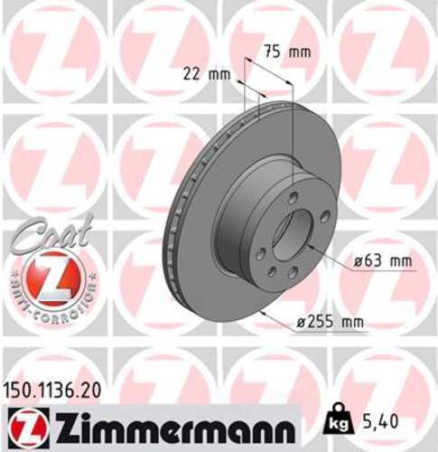 Zimmermann Coated Brake Disc 1136 fits 1977 BMW 320I