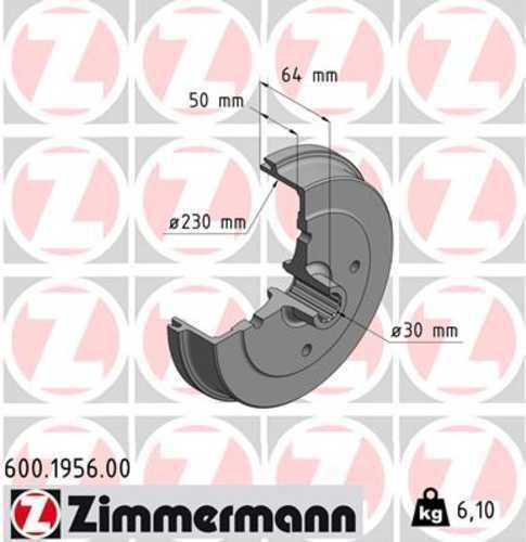 Zimmermann Brake Drum 600.1956.00 fits 1968-1979 Volkswagen Beetle / 1967-1974 Volkswagen Karmann Ghia / 1971-1980 Volkswagen Super Beetle