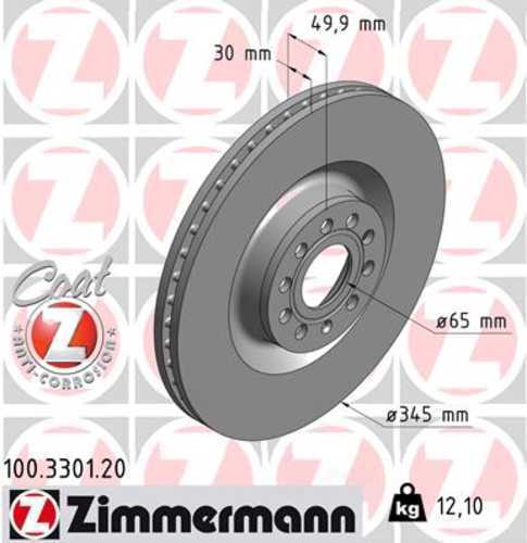 Zimmermann Coated Brake Disc 3301 fits 2009-2013 Volkswagen CC / 2006-2013 Volkswagen Golf R / 2006-2010 Volkswagen Passat / 2008 Volkswagen R32