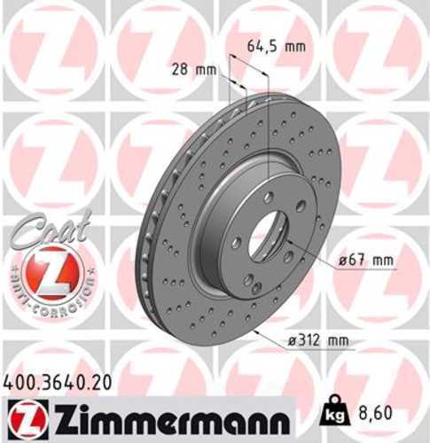 Zimmermann Coated Brake Disc 3640 fits 2003-2006 Mercedes-Benz SL500