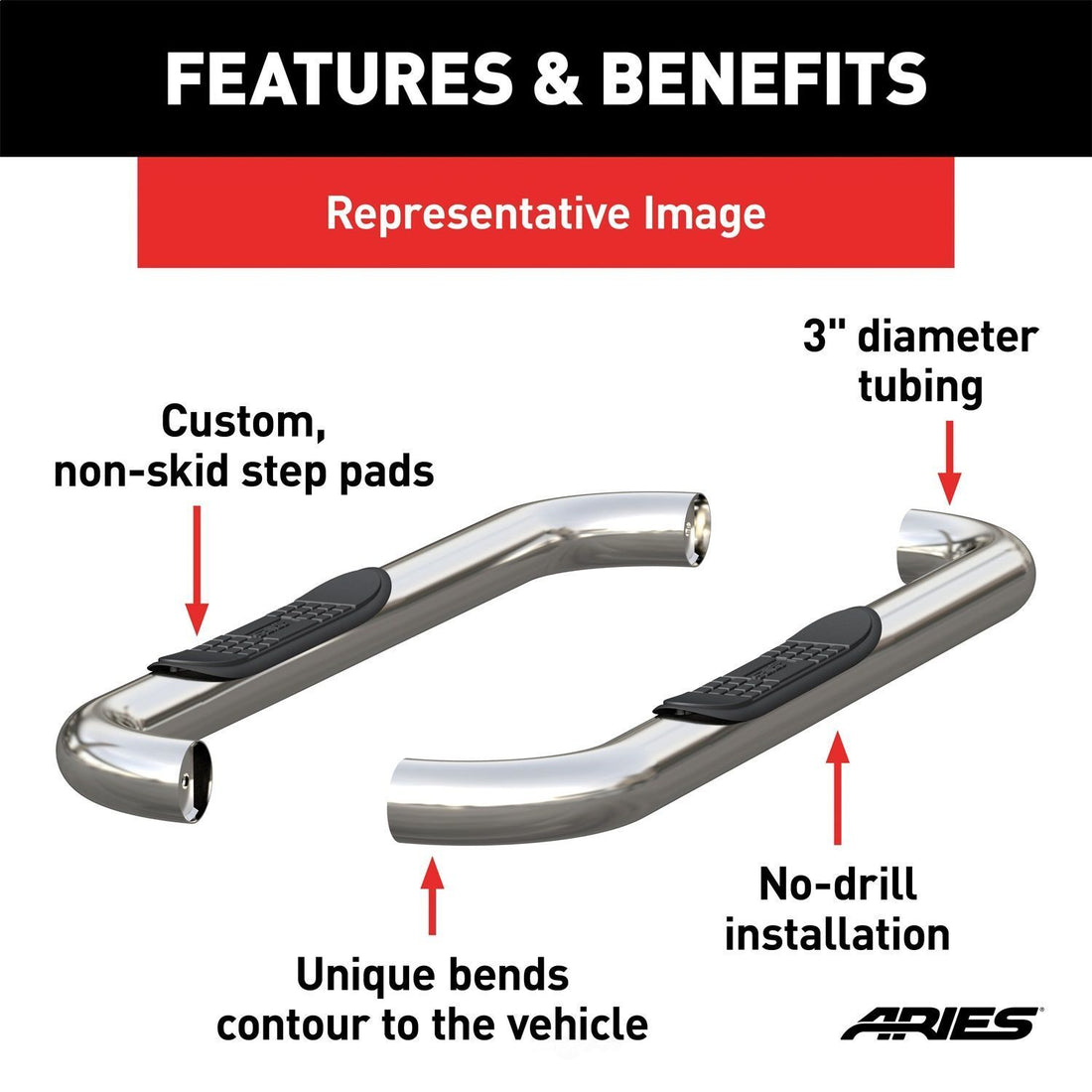 ARIES - 3" Round Polished Stainless Side Bars, Select FS, Tahoe, C, K 204018-2 fits Chevrolet Blazer FS, Tahoe / GMC Yukon / Chevrolet C, K / GMC C, K