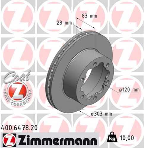 Zimmermann Coated Brake Disc 6478 fits 2007-2010 Dodge Sprinter 3500 / 2010-2025 Mercedes-Benz Sprinter 3500 / 2018-2025 Mercedes-Benz Sprinter 3500XD