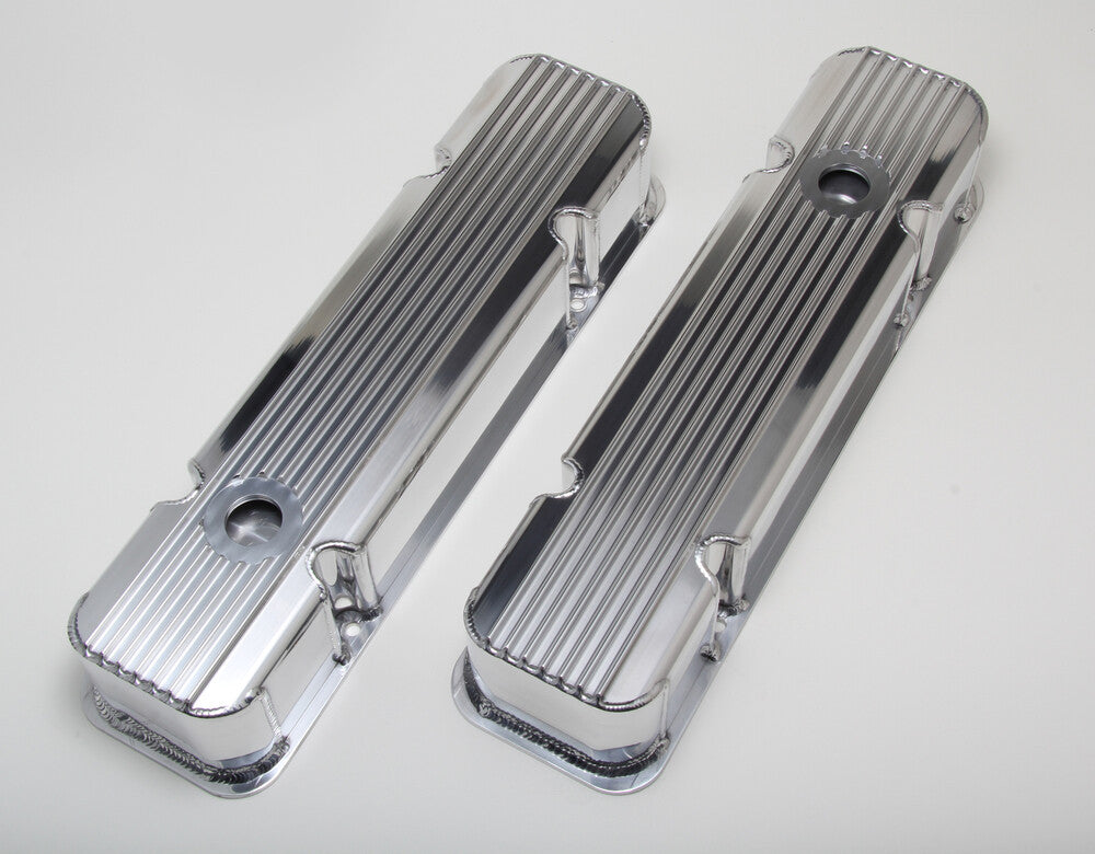 Hamburger's Performance Fab. Aluminum Valve Covers w/Fins, Holes; -CHROME/Aluminum 1129 fits 1959-1979 Pontiac 326-455
