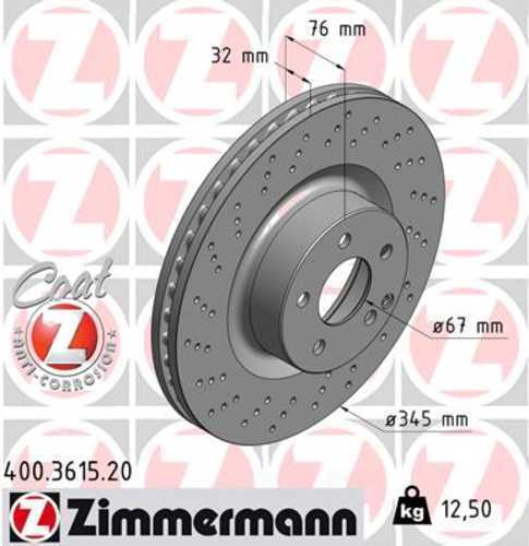 Zimmermann Coated Brake Disc 3615 fits 2001-2006 Mercedes-Benz CL55 Amg / 2001-2006 Mercedes-Benz CL600 / 2001-2006 Mercedes-Benz S55 Amg / 2001-2006 Mercedes-Benz S600