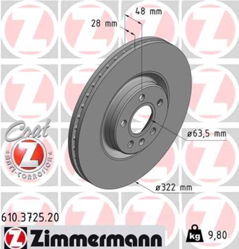 Zimmermann Coated Brake Disc 3725 fits 2017-2025 Volvo S60 / S90 / V60 / V60 Cross COUNTRY / V90 / V90 Cross COUNTRY / XC60 / XC40