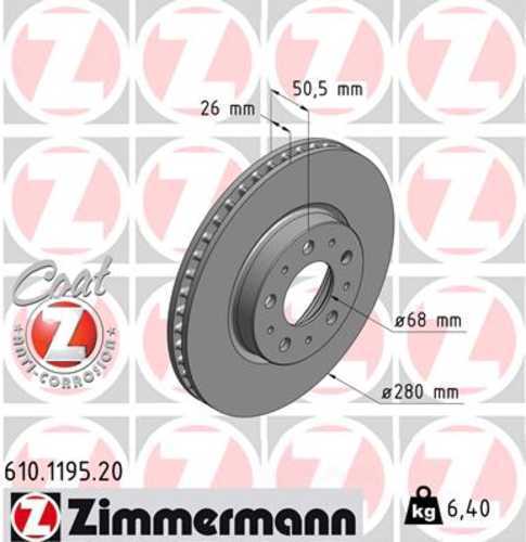 Zimmermann Coated Brake Disc 1195 fits 1994-1997 Volvo 850 / 1995-1997 Volvo 960 / 1998-2004 Volvo C70 / 1998-2000 Volvo S70 V70 V90