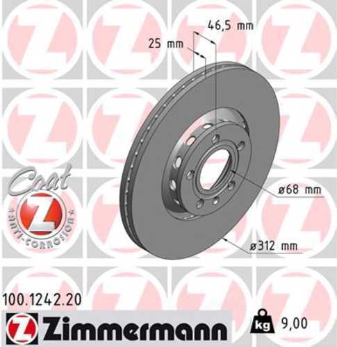 Zimmermann Coated Brake Disc 1242 fits 2002-2006 Audi A4 / 2002-2006 Audi A4 Quattro / 1996-2004 Audi A6 / 1995-2004 Audi A6 Quattro / 1997-1999 Audi A8 / 1997-2000 Audi A8 Quattro / 2002-2003 Audi S6
