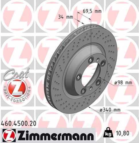 Zimmermann Coated Brake Disc 460.4500.20 fits 2012-2016 Porsche 911 / 2016 Porsche Boxster