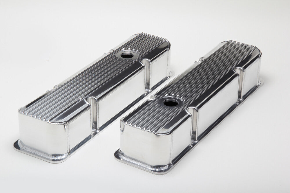 Hamburger's Performance Fab. Aluminum Valve Covers withFins; With holes- POLISHED 1111 fits 1958-1986 Chevy SB
