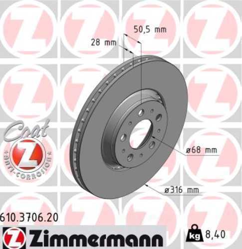 Zimmermann Coated Brake Disc 3706 fits 2005-2009 Volvo S60 / 2005-2014 Volvo V70 / 2003-2014 Volvo XC90