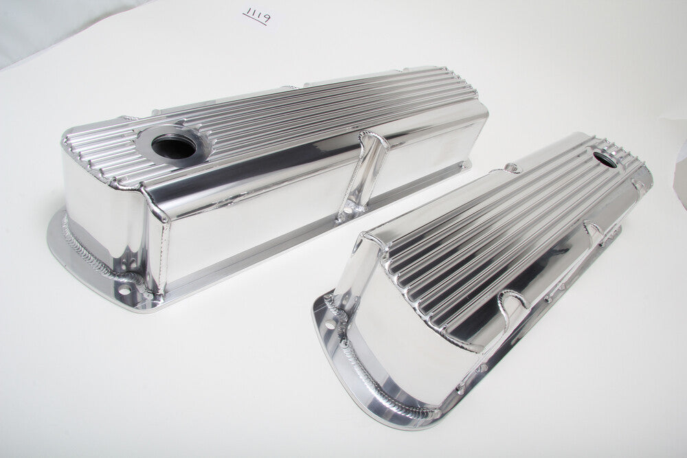 Hamburger's Performance Fab. Aluminum Valve Covers; Fins; w/Holes- POLISHED 1119 fits Ford SB V8 Windsor