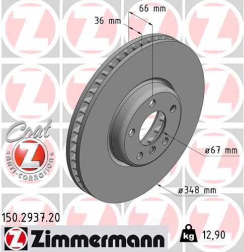 Zimmermann Coated Brake Disc 150.2937.20 fits 2016-2025 BMW 430I Gran COUPE / 430I xDrive Gran COUPE / I4 / M440I Gran COUPE / M440I xDrive Gran COUPE / 230I xDrive / 330I / 330I xDrive