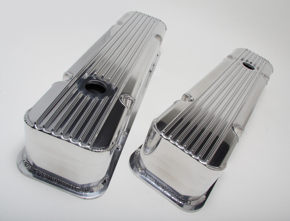 Hamburger's Performance Fab. Aluminum Valve Covers w/Fins, Holes; -CHROME/Aluminum 1129 fits 1959-1979 Pontiac 326-455