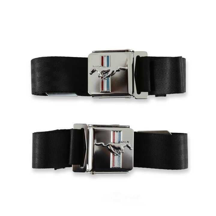 Scott Drake Seat Belt with Tri-Bar Running Horse Emblem Pair Black SB-BK-H fits 1964-1973 Ford Mustang