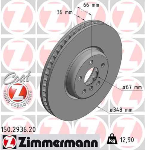 Zimmermann Coated Brake Disc 150.2936.20 fits 2016-2025 BMW 430I Gran COUPE / 430I xDrive Gran COUPE / I4 / M440I Gran COUPE / M440I xDrive Gran COUPE / 230I xDrive / 330I / 330I xDrive