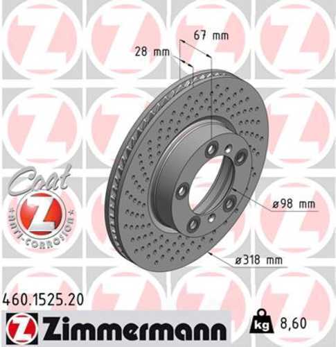 Zimmermann Coated Brake Disc 1525 fits 1999-2008 Porsche 911 / 2000-2012 Porsche Boxster / 2006-2012 Porsche Cayman