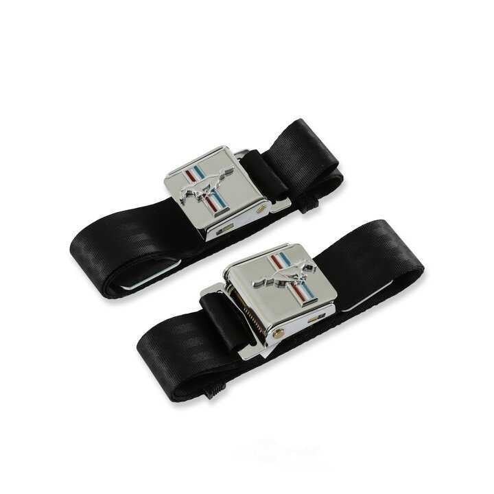 Scott Drake Seat Belt with Tri-Bar Running Horse Emblem Pair Black SB-BK-H fits 1964-1973 Ford Mustang