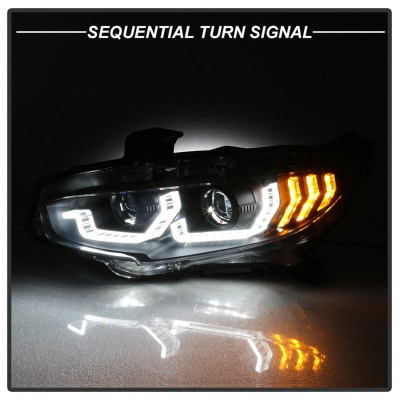 SPYDER Spyder 16-18 Honda Civic 4Dr w/LED Seq Turn Sig Lights Proj Headlight - Black - PRO-YD-HC16-SEQ-BK SPY5086099
