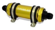Load image into Gallery viewer, Fuelab Fuelab 858 In-Line Fuel Filter Long -10AN In/Out 40 Micron Stainless w/Check Valve - Gold FLB85812-5