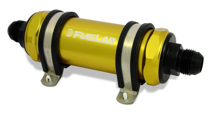 Fuelab Fuelab 858 In-Line Fuel Filter Long -10AN In/Out 40 Micron Stainless w/Check Valve - Gold FLB85812-5