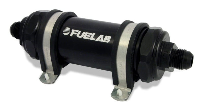Fuelab Fuelab 858 In-Line Fuel Filter Long -8AN In/Out 40 Micron Stainless w/Check Valve - Black FLB85811-1