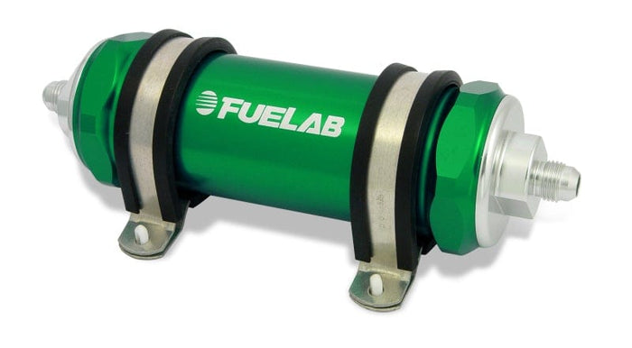 Fuelab Fuelab 858 In-Line Fuel Filter Long -8AN In/Out 40 Micron Stainless w/Check Valve - Green FLB85811-6