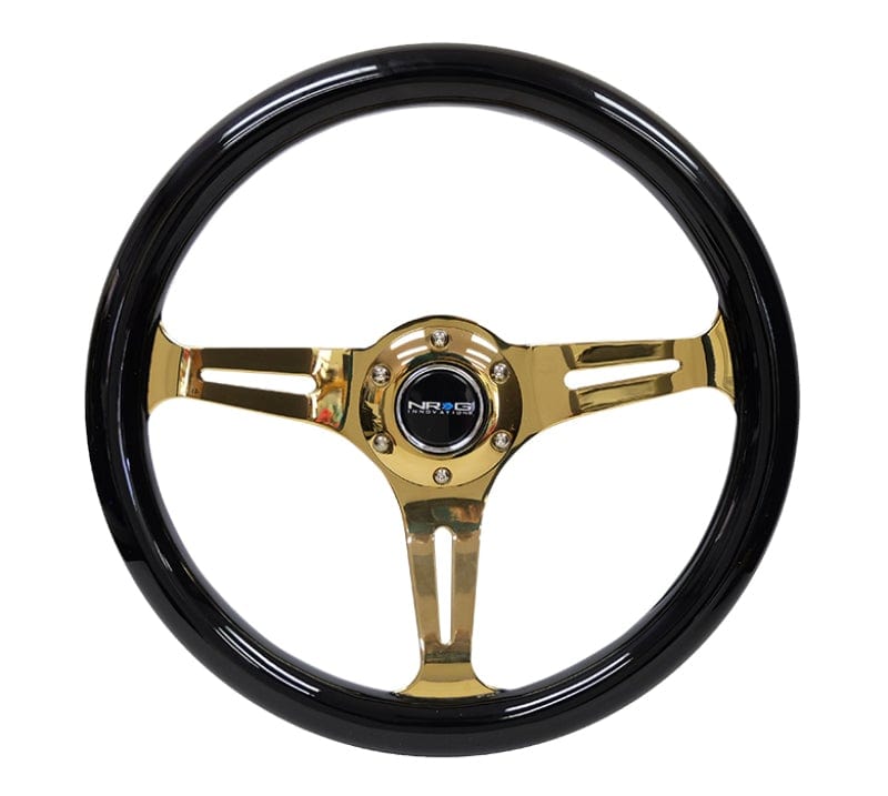 NRG NRG Classic Wood Grain Steering Wheel (350mm) Black Grip w/Chrome Gold 3-Spoke Center NRGST-015CG-BK