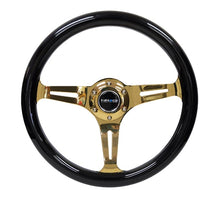 Load image into Gallery viewer, NRG NRG Classic Wood Grain Steering Wheel (350mm) Black Grip w/Chrome Gold 3-Spoke Center NRGST-015CG-BK