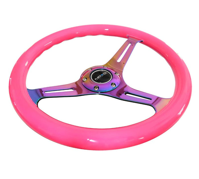 NRG NRG Classic Wood Grain Steering Wheel (350mm) Neon Pink Painted Grip w/Neochrome 3-Spoke Center NRGST-015MC-NPK